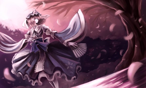 Anime picture 1470x894 with touhou saigyouji yuyuko paseri wide image pink hair girl dress plant (plants) hat petals tree (trees) fan
