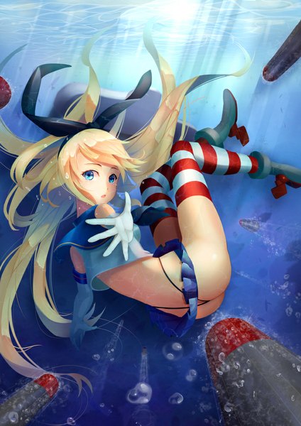 Anime picture 707x1000 with kantai collection shimakaze destroyer yi l chen 5 single long hair tall image looking at viewer blue eyes light erotic blonde hair ass pleated skirt looking back sunlight midriff back underwater girl thighhighs skirt