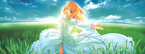 Anime picture 2961x1101 with fate/stay night studio deen artoria pendragon (all) saber takeuchi takashi single long hair highres blonde hair smile wide image green eyes sky cloud (clouds) ahoge sunlight open clothes happy dancing girl