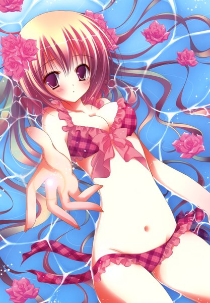 Anime picture 2094x3011 with natsuki coco long hair tall image blush highres light erotic purple eyes pink hair hair flower girl navel hair ornament flower (flowers) swimsuit bikini plaid bikini