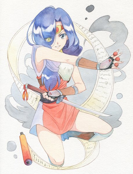Anime picture 674x884 with next king tagme (character) agahari single long hair tall image fringe simple background smile white background blue hair hair over one eye heterochromia outstretched arm fighting stance traditional media watercolor (medium) animal eyes girl weapon