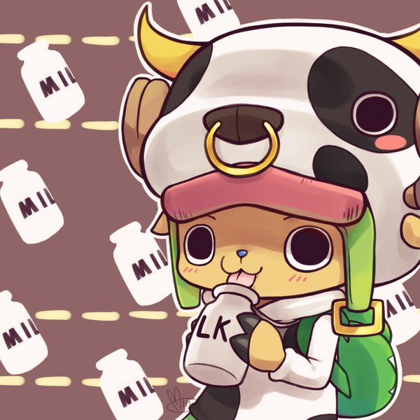 Anime picture 1000x1000 with one piece toei animation tony tony chopper single looking at viewer blush holding horn (horns) hat tongue milk