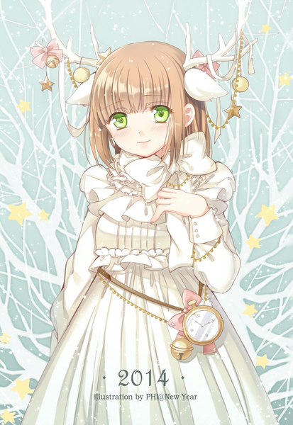 Anime picture 800x1162 with original philomelalilium single long hair tall image blush smile brown hair green eyes animal ears horn (horns) new year antlers 2014 girl dress bow star (symbol)