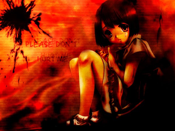 Anime picture 1280x960 with tagme (copyright) sandra single looking at viewer short hair sitting full body inscription third-party edit bloody clothes polychromatic girl blood