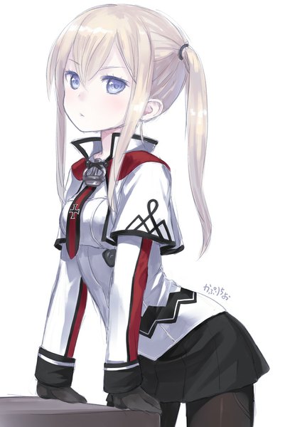 Anime picture 669x1000 with kantai collection graf zeppelin (kantai collection) capriccio single long hair tall image looking at viewer fringe simple background blonde hair standing white background purple eyes twintails payot pleated skirt arm support text arched back expressionless