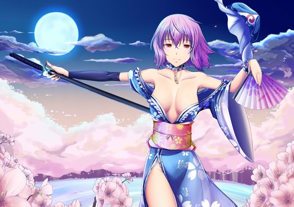 Anime picture 4092x2893 with touhou saigyouji yuyuko tsugaru (co-walker) highres short hair breasts light erotic red eyes absurdres purple hair japanese clothes night cherry blossoms girl weapon plant (plants) sword tree (trees) frills kimono