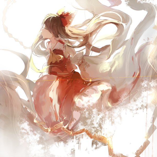 Anime picture 1095x1095 with touhou hakurei reimu gennnwa single long hair simple background brown hair white background eyes closed traditional clothes profile wind miko girl skirt bow hair bow detached sleeves skirt set