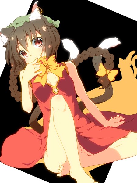 Anime picture 1200x1600 with touhou chen haruyonoto single tall image black hair red eyes animal ears braid (braids) very long hair barefoot cat ears cat girl cat tail legs finger to mouth multiple tails girl dress bow