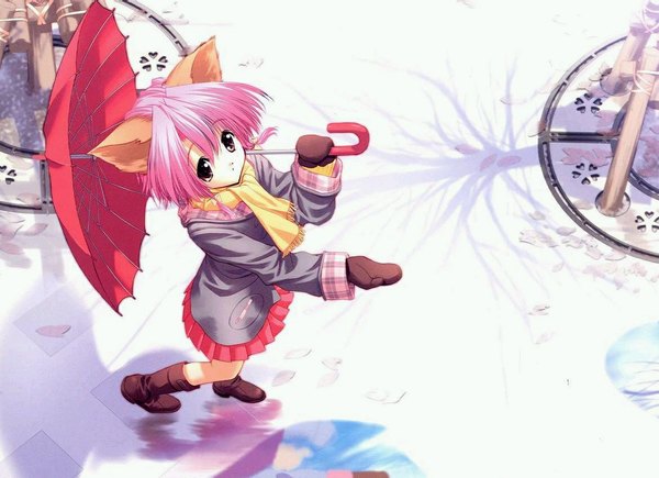 Anime picture 1170x850 with ueda ryou single animal ears pink hair cat girl girl skirt scarf umbrella mittens