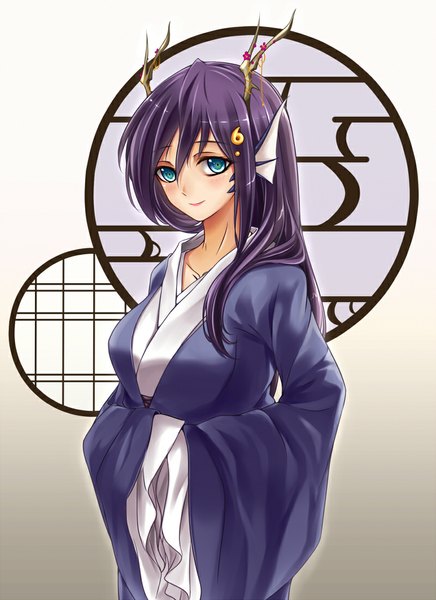 Anime picture 800x1100 with monster girl encyclopedia midnight (artist) single long hair tall image looking at viewer blush fringe blue eyes smile standing purple hair upper body long sleeves traditional clothes japanese clothes horn (horns) wide sleeves gradient background monster girl