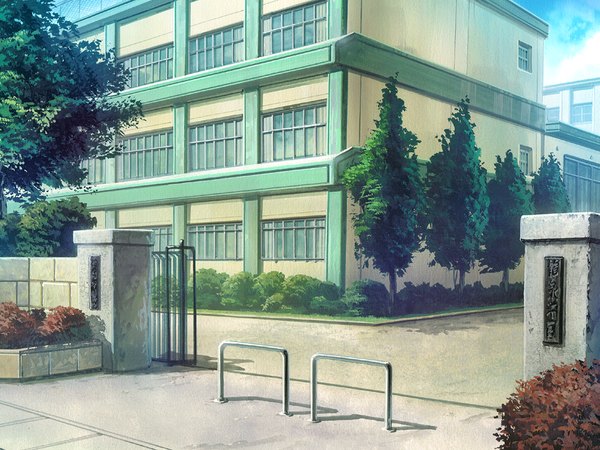 Anime picture 1024x768 with ma furu yoru no rin game cg shadow no people plant (plants) tree (trees) window fence school
