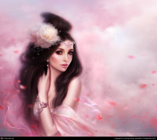 Anime picture 1200x1070 with ruoxing zhang (artist) single long hair brown hair brown eyes cloud (clouds) hair flower realistic 3d girl hair ornament flower (flowers) earrings petals bracelet jewelry