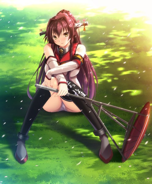 Anime picture 828x1000 with kantai collection yamato super battleship shiragi single long hair tall image light erotic brown hair brown eyes ponytail pantyshot knees together feet apart girl thighhighs hair ornament underwear panties black thighhighs detached sleeves petals