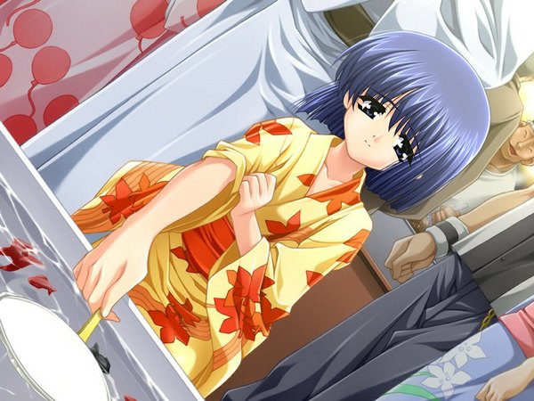 Anime picture 1024x768 with momiji happy story (game) blue eyes blue hair game cg japanese clothes girl kimono