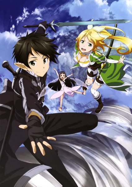 Anime picture 2053x2897 with sword art online a-1 pictures kirigaya kazuto leafa yui (sao) long hair tall image highres short hair open mouth black hair blonde hair multiple girls green eyes sky cloud (clouds) pointy ears black eyes scan official art