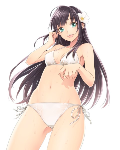 Anime picture 800x1000 with original chimachi single long hair tall image looking at viewer fringe breasts open mouth light erotic black hair white background green eyes hair flower from below wet adjusting hair ass visible through thighs girl flower (flowers)