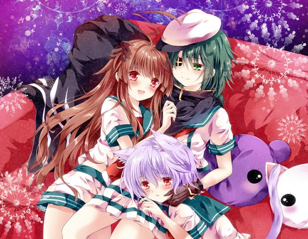 Anime picture 1000x776 with kantai collection kiso light cruiser kuma light cruiser tama light cruiser nogi takayoshi long hair blush short hair open mouth smile red eyes brown hair multiple girls green eyes animal ears tail animal tail green hair cat girl cat tail