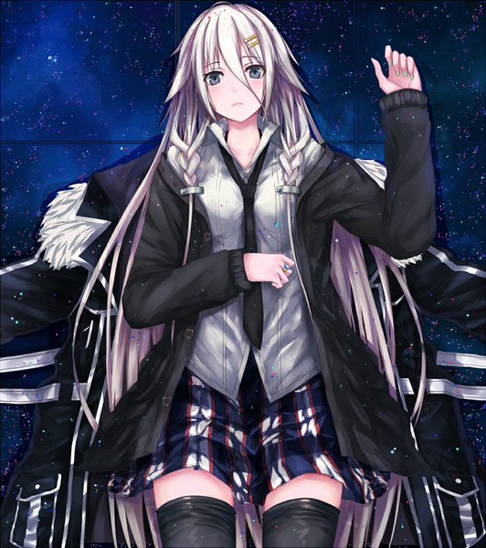 Anime picture 1000x1128 with vocaloid ia (vocaloid) echj single long hair tall image looking at viewer blush blue eyes sky white hair nail polish grey eyes zettai ryouiki girl thighhighs skirt black thighhighs miniskirt shirt