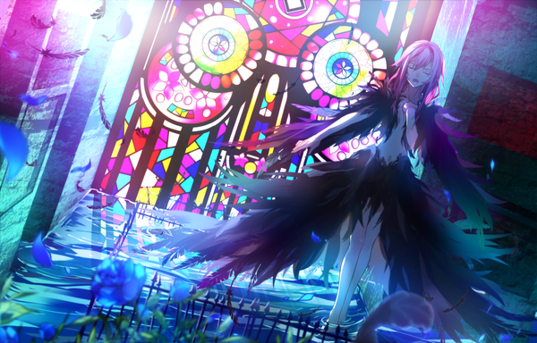 Anime-Bild 1900x1216 mit guilty crown production i.g yuzuriha inori baocaiwangfei single long hair highres open mouth standing pink hair eyes closed navel flower (flowers) water feather (feathers)