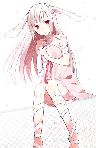Anime picture 1024x1581 with original chisumi single tall image looking at viewer red eyes white background sitting animal ears white hair bunny ears bunny girl albino girl dress petals bandage (bandages) pink dress