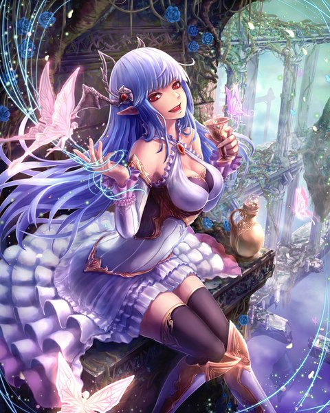 Anime picture 700x876 with ant (fenixant) long hair tall image fringe breasts open mouth large breasts sitting holding purple hair bent knee (knees) from above pointy ears sunlight magic bat wings head wings ruins destruction girl