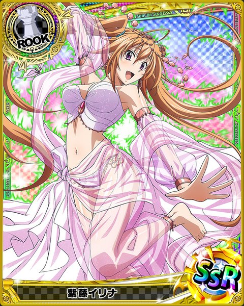 Anime picture 640x800 with highschool dxd shidou irina single tall image blush open mouth light erotic brown hair purple eyes twintails very long hair traditional clothes pantyshot card (medium) girl navel hair ornament underwear panties detached sleeves