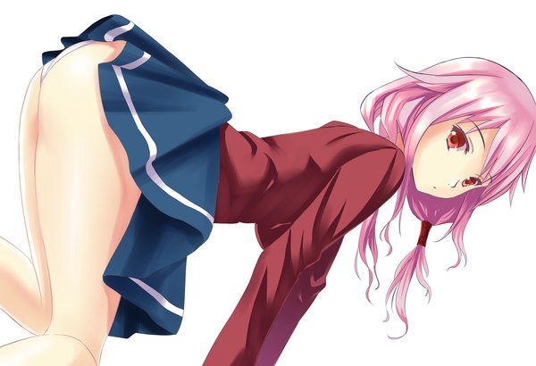 Anime picture 3507x2400 with guilty crown production i.g yuzuriha inori zi se single long hair highres light erotic simple background red eyes white background pink hair absurdres pantyshot girl skirt uniform school uniform miniskirt shirt