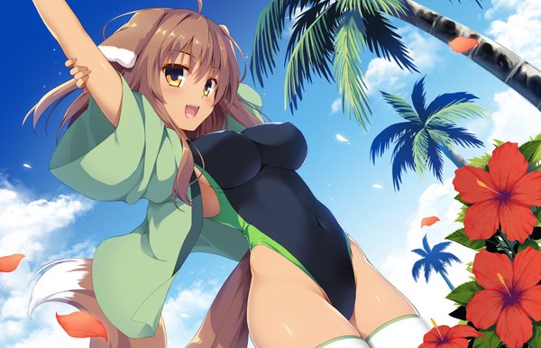 Anime picture 1571x1012 with original yuzu modoki single long hair blush fringe breasts open mouth light erotic smile hair between eyes brown hair large breasts animal ears yellow eyes looking away sky ahoge tail :d