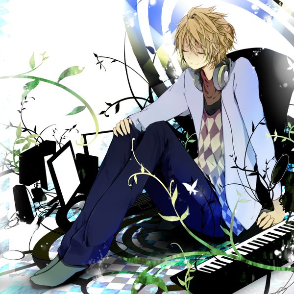 Anime picture 2800x2800 with vocaloid kagamine len asasumiboochan single highres short hair blonde hair smile sitting eyes closed checkered floor checkered rhombus boy plant (plants) headphones leaf (leaves) insect butterfly pants