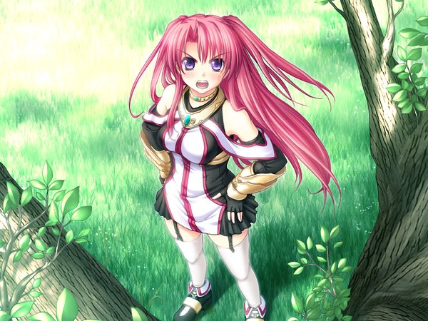 Anime picture 1024x768 with maou to odore! 2 single long hair open mouth purple eyes bare shoulders pink hair game cg from above looking up girl thighhighs gloves plant (plants) white thighhighs tree (trees) fingerless gloves grass