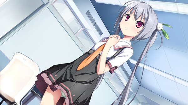 Anime picture 1280x720 with material brave giga kamine mashiro kikuchi seiji long hair red eyes wide image twintails game cg grey hair loli girl uniform hair ornament school uniform necktie