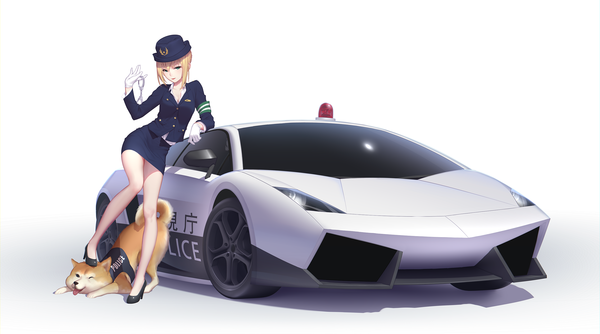 Anime picture 2868x1600 with fate (series) fate/stay night type-moon lamborghini artoria pendragon (all) saber maredoro single long hair looking at viewer highres simple background blonde hair wide image white background green eyes shadow high heels lipstick red lipstick