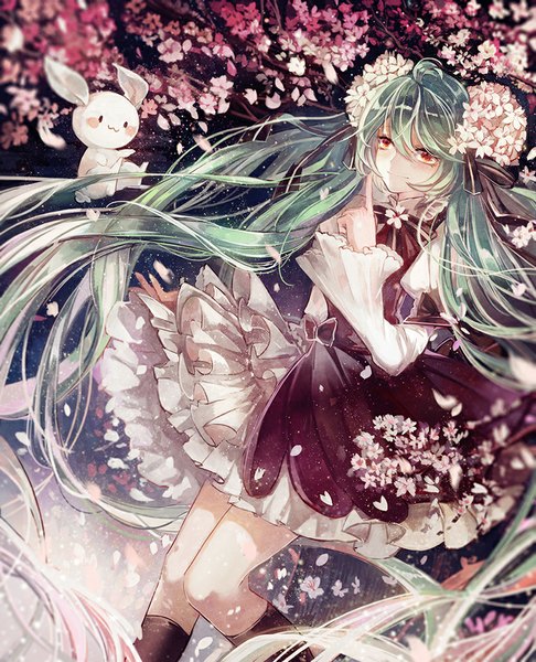Anime picture 810x1000 with vocaloid hatsune miku sakura miku vima single tall image blush red eyes twintails very long hair hair flower green hair cherry blossoms girl dress hair ornament flower (flowers) plant (plants) animal tree (trees)