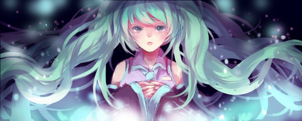 Anime picture 1576x638 with vocaloid hatsune miku sunyuqian single looking at viewer open mouth wide image twintails bare shoulders very long hair aqua eyes aqua hair girl detached sleeves