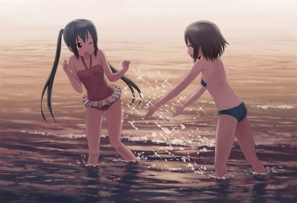 Anime picture 1673x1143 with k-on! kyoto animation hirasawa yui nakano azusa isou nagi long hair short hair open mouth black hair twintails multiple girls brown eyes one eye closed wink girl 2 girls swimsuit splashes