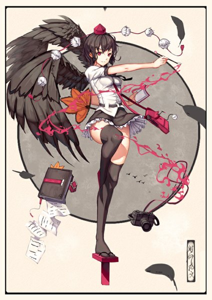 Anime picture 620x877 with touhou shameimaru aya soulkiller (brz) single tall image looking at viewer short hair black hair red eyes full body outstretched arm leg lift (legs lift) girl thighhighs dress black thighhighs wings bag fan paper