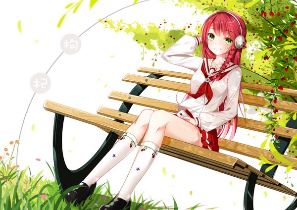 Anime picture 3507x2480 with original hate ani hikae single long hair highres white background sitting green eyes absurdres red hair braid (braids) pleated skirt single braid girl skirt uniform flower (flowers) plant (plants) school uniform tree (trees)