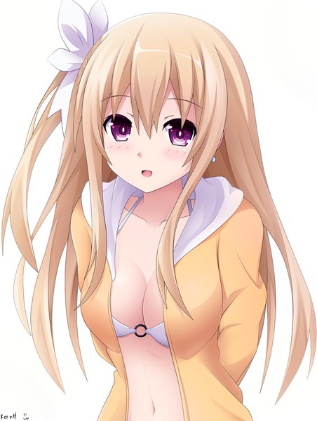 Anime picture 822x1090 with date a live mayuri (date a live) keenh single long hair tall image blush fringe breasts open mouth light erotic simple background blonde hair hair between eyes large breasts white background purple eyes looking away cleavage upper body