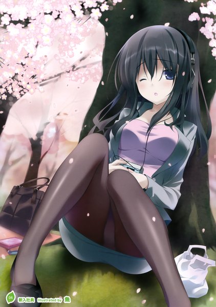 Anime picture 2530x3600 with original girls, girls, girls! 10 (artbook) sakana single long hair tall image looking at viewer fringe highres open mouth blue eyes light erotic black hair sitting one eye closed wink scan official art pantyshot cherry blossoms