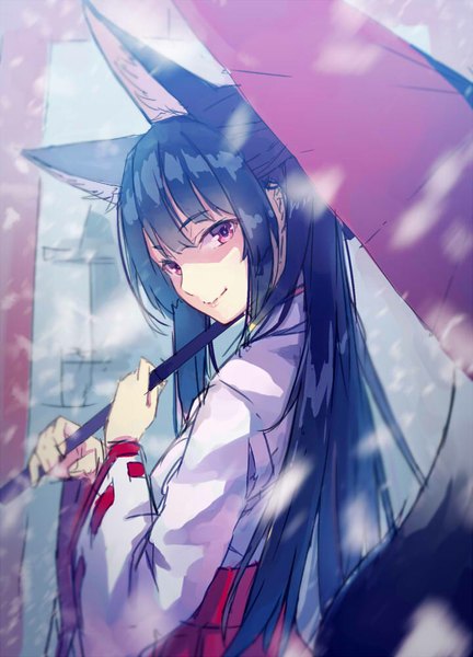 Anime picture 720x1000 with original yasumo (kuusouorbital) single long hair tall image looking at viewer fringe red eyes holding animal ears blue hair upper body tail traditional clothes head tilt japanese clothes animal tail looking back light smile snowing