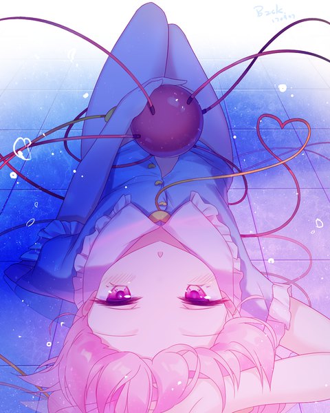 Anime picture 1200x1500 with touhou komeiji satori baozishark single tall image looking at viewer blush short hair light erotic signed pink hair lying pink eyes bare legs on back dated underwater bottomless heart of string girl