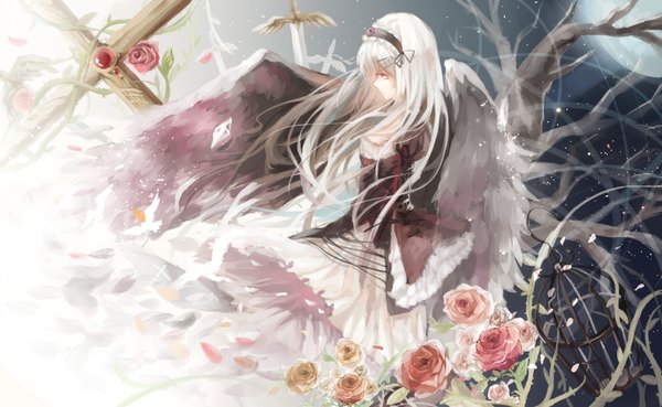 Anime picture 1704x1050 with rozen maiden suigintou ty-papapa long hair highres wide image looking away white hair profile pink eyes girl dress weapon plant (plants) sword wings tree (trees) hairband rose (roses) cross