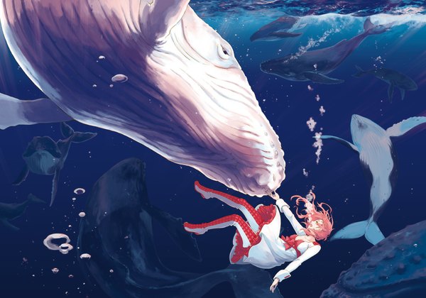Anime picture 1000x700 with original isshoku (shiki) single long hair open mouth pink hair spread arms underwater falling swimming girl dress bow animal water boots sea thigh boots bubble (bubbles) whale