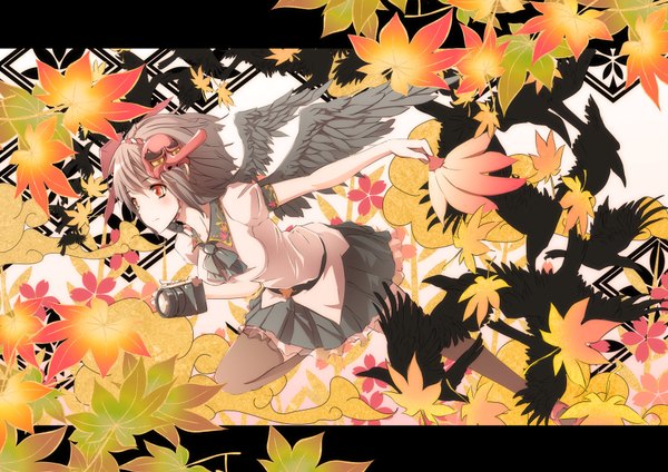 Anime picture 1754x1240 with touhou reiuji utsuho merontomari single highres short hair black hair red eyes mask on head flock girl thighhighs skirt black thighhighs miniskirt animal shirt wings bird (birds) leaf (leaves)