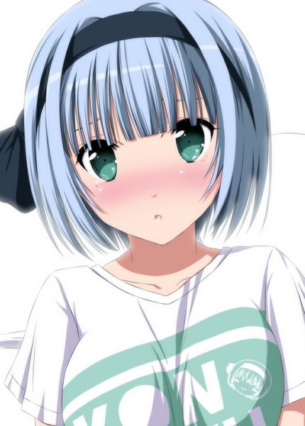 Anime picture 758x1058 with touhou konpaku youmu nori tamago single tall image looking at viewer blush short hair open mouth blue eyes simple background white background silver hair girl hairband t-shirt