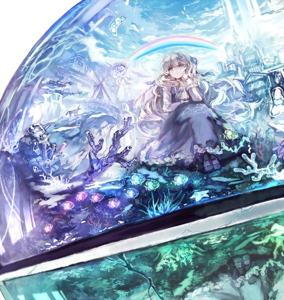 Anime picture 1327x1400 with original r04315 single long hair tall image blonde hair smile sitting sky cloud (clouds) tears underwater girl ribbon (ribbons) hair ribbon fish (fishes) house castle rainbow jellyfish