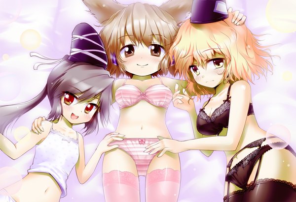 Anime picture 1173x804 with touhou toyosatomimi no miko mononobe no futo mocchisake blush short hair light erotic blonde hair red eyes brown hair multiple girls brown eyes yellow eyes grey hair underwear only girl thighhighs underwear panties hat