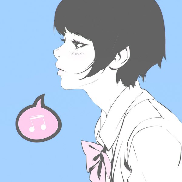 Anime picture 1080x1080 with original ilya kuvshinov single fringe short hair black hair simple background payot looking away parted lips profile lips black eyes monochrome close-up blue background spot color girl shirt white shirt