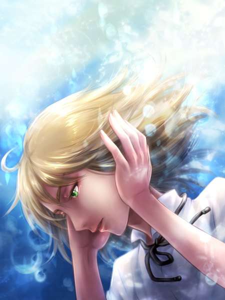 Anime picture 1200x1600 with v-sil single tall image short hair open mouth blonde hair green eyes lips face boy bubble (bubbles)