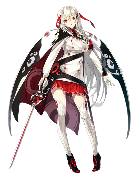 Anime picture 1071x1400 with chunithm sega artemis rena senmu single tall image looking at viewer fringe breasts open mouth hair between eyes red eyes holding full body white hair braid (braids) long sleeves head tilt pleated skirt official art